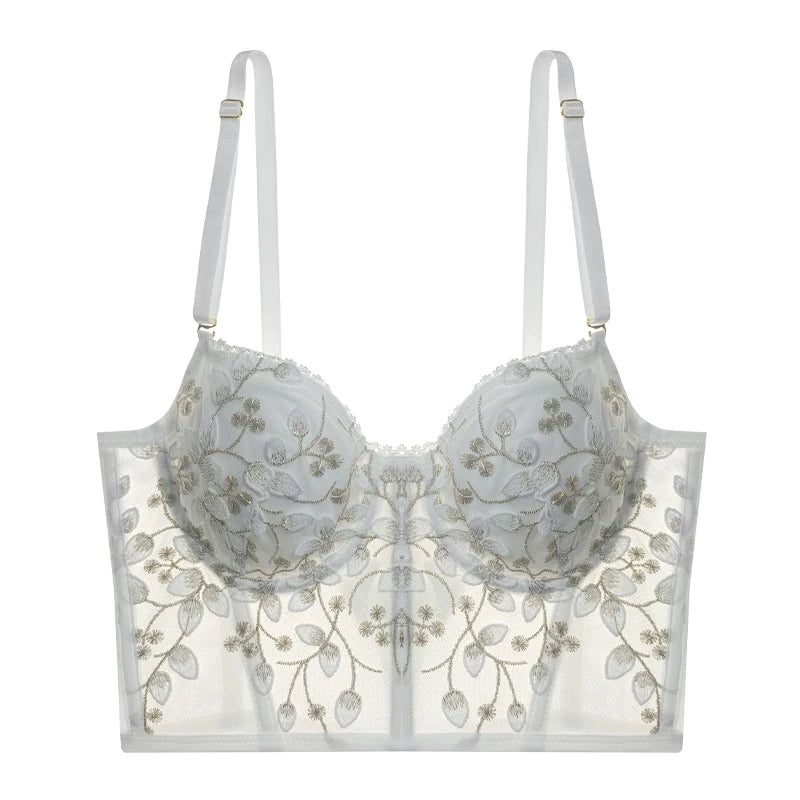 High Quality Lace Flowers Embroidery Underwear Women Sexy Body Shaper Push Up Bra French Luxury Romantic White Bralette Lingerie