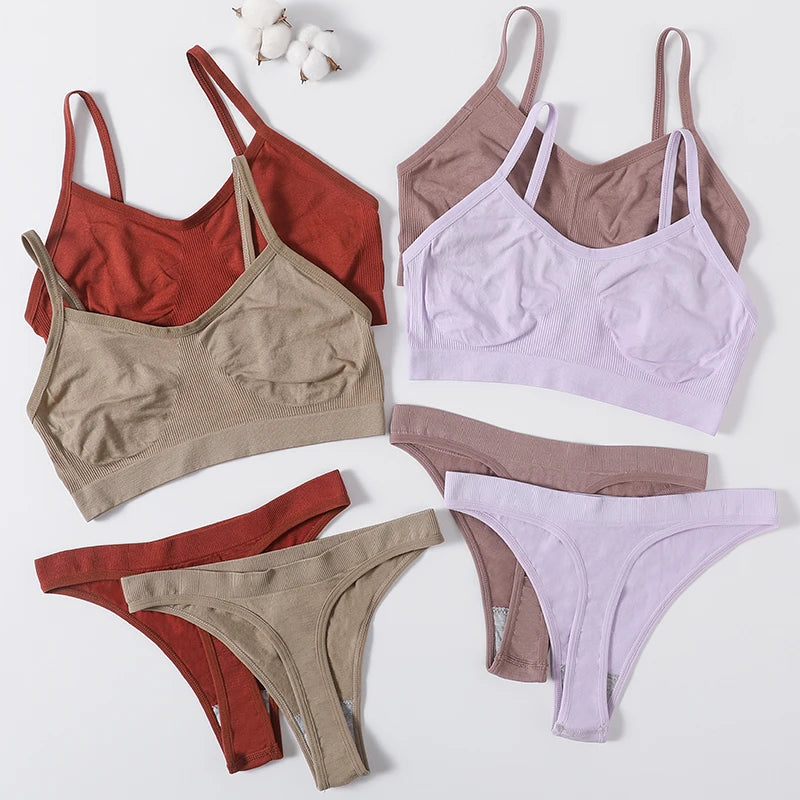 Women Ribbed Bra And Panties Set Seamless Bra Low Rise Thongs Sexy Lingerie Set Comfort Wire Free Tops Female Underwear