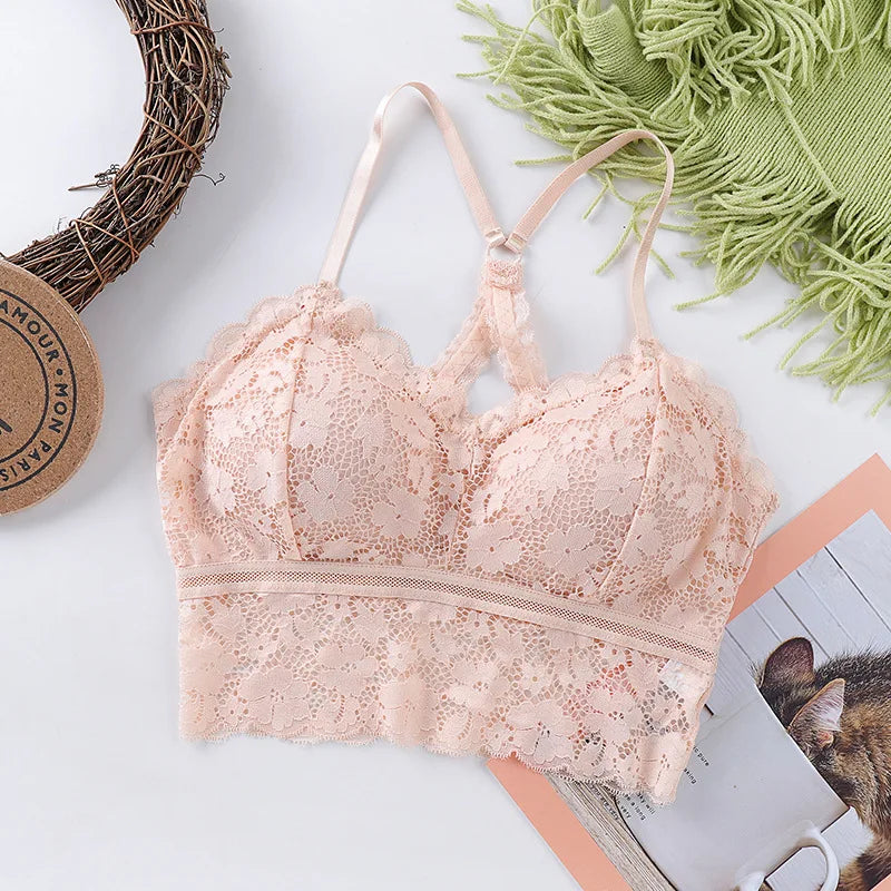 Cross Back Lace Bra Top Women Bralette Crop Top Sexy Lingerie Wireless Underwear Women Solid Color Bra Tops Padded Camisole