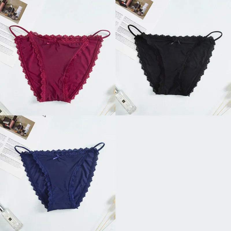 3Pcs/Set Sexy Women Brazilian Panties Ice Silk Briefs Female Underpants Seamless Underwear Lace Trims Low Rise Briefs M-XL