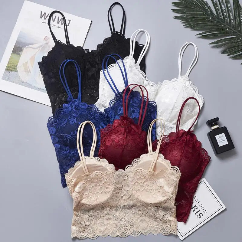 Women's Embroidery Lace Strap Vest Bralette Sexy Back Design No Wireless Push-up Detachable Breast Pads Included