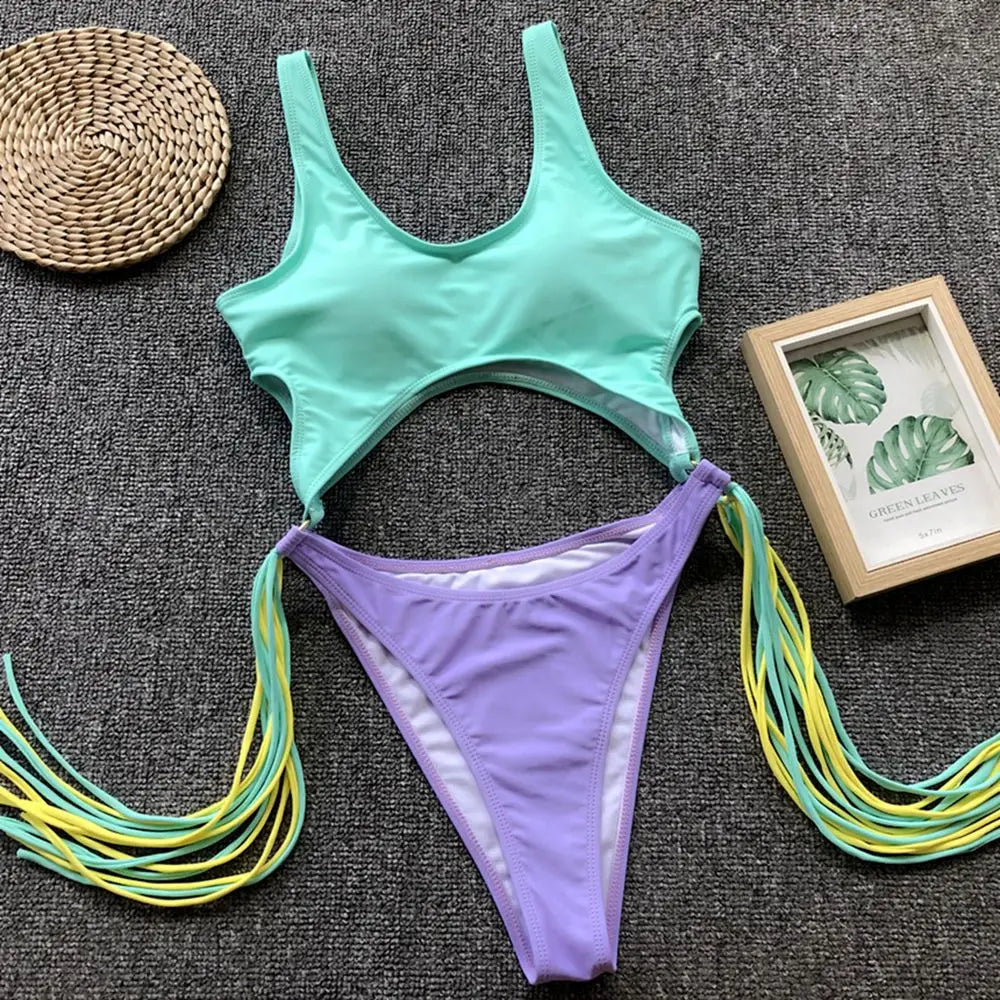 Sexy Splicing Tummy Cut Out Female Swimwear One Piece Swimsuit Women Tassel Monokini Bather String Bathing Suit Swim Bodysuit