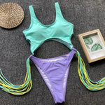 Sexy Splicing Tummy Cut Out Female Swimwear One Piece Swimsuit Women Tassel Monokini Bather String Bathing Suit Swim Bodysuit