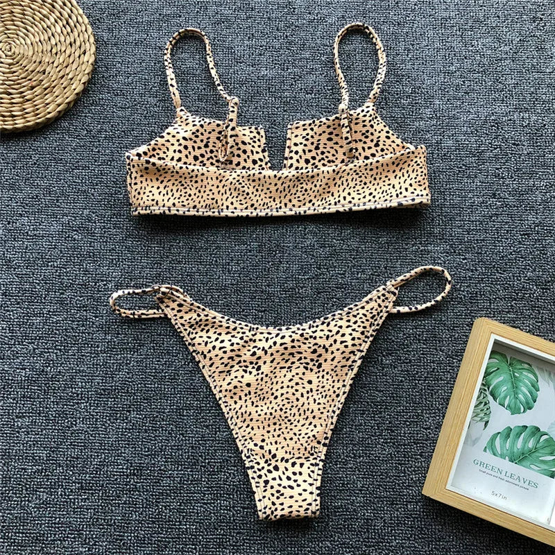 Ribbed Polka Dot Bikinis V-Bar Underwired Bikini Women Swimwear Female Swimsuit Two Pieces Bikini Set High Cut Bathing Suit Swim
