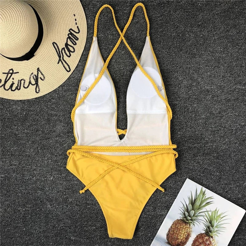 New 2025 Sexy Deep V Neck Wrap Around Female Swimwear One Piece Swimsuit Women Backless Monokini High Cut Bathing Suit Swim Lady