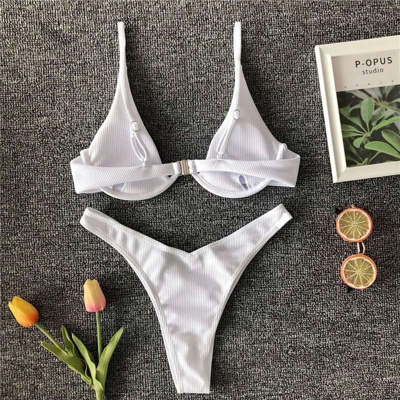 High Cut V-bar Underwired Bikini Women Swimsuit Female Micro Thong Swimwear Two-pieces Bikini Set Push Up Bathing Suit Swim Lady