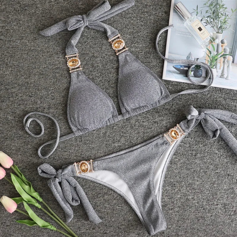 Halter Rhinestone Diamond Bikini Women Swimsuit Female Bikinis Metal Chain Swimwear Two Pieces Bikini Set Bathing Suit Swim Lady