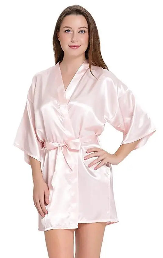 Sexy Silk Satin Night Kimono Robe Short Bathrobe Perfect Wedding Bridesmaid Bride Robes Solid Dressing Gown For Women