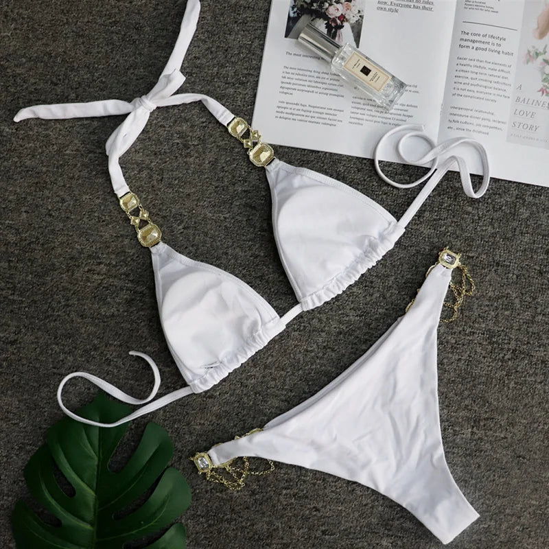 Halter Rhinestone Diamond Bikini Women Swimsuit Female Bikinis Metal Chain Swimwear Two Pieces Bikini Set Bathing Suit Swim Lady