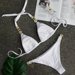 Halter Rhinestone Diamond Bikini Women Swimsuit Female Bikinis Metal Chain Swimwear Two Pieces Bikini Set Bathing Suit Swim Lady