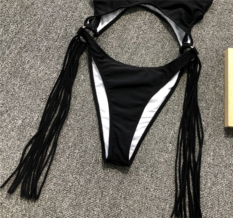 Splicing High Cut Out One Piece Swimsuit Women Tassel Swimwear Female Sexy Bathing Suit String Leopard Bikini 2025 Monokini Lady