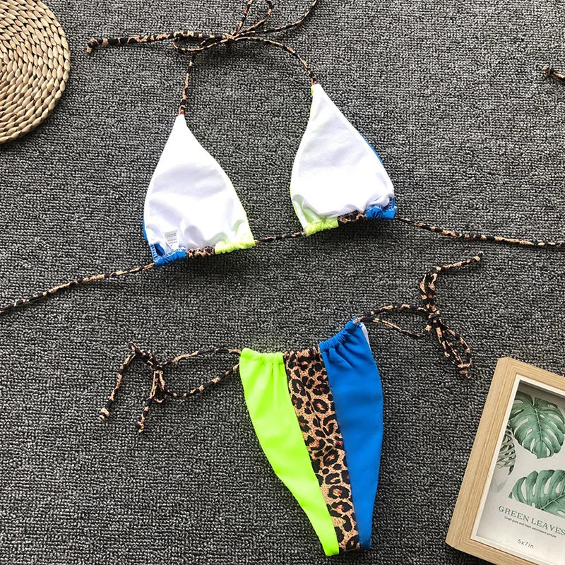 Zebra Print Halter micro Bikini 2025 women Bandeau String Swimsuit Female swimwear Neon Shiny bikini set Leopard Bathing Suit