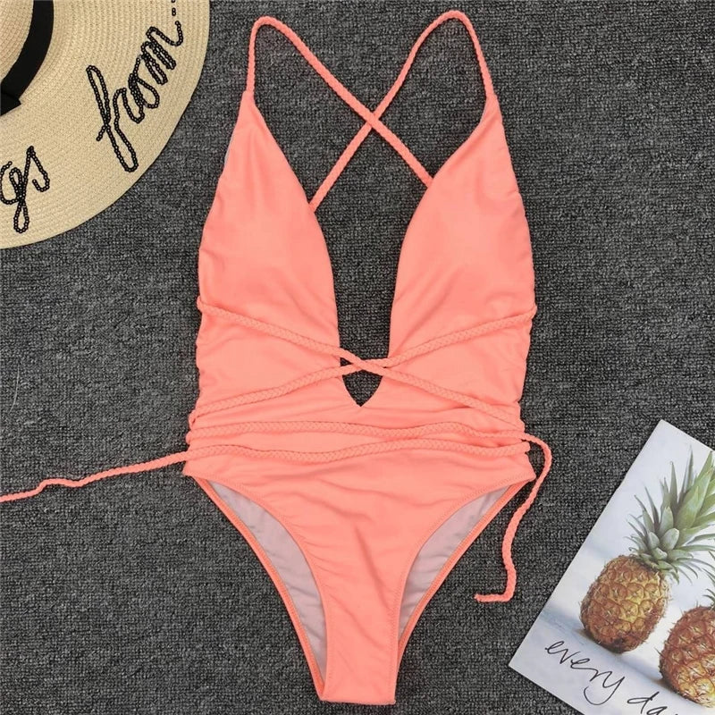New 2025 Sexy Deep V Neck Wrap Around Female Swimwear One Piece Swimsuit Women Backless Monokini High Cut Bathing Suit Swim Lady