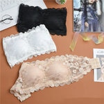 Women Floral Lace Bandeau Bra Strapless Padded Top Solid Color Bralette Lace Underwear Sexy Lingerie Solid Color Wrap Top