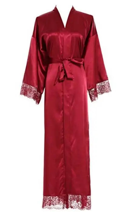 Summer Lace Patchwork Satin Kimono Robe Sexy Sleepwear Lingerie Chemises Women Silk Long Nightgown Wedding bridesmaid Robes