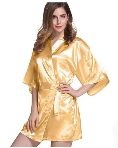 Sexy Silk Satin Night Kimono Robe Short Bathrobe Perfect Wedding Bridesmaid Bride Robes Solid Dressing Gown For Women