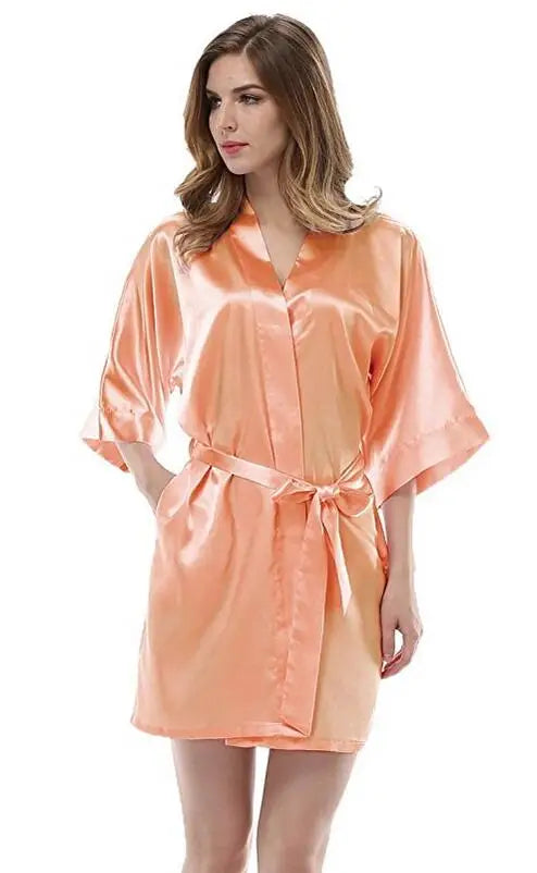 Sexy Silk Satin Night Kimono Robe Short Bathrobe Perfect Wedding Bridesmaid Bride Robes Solid Dressing Gown For Women