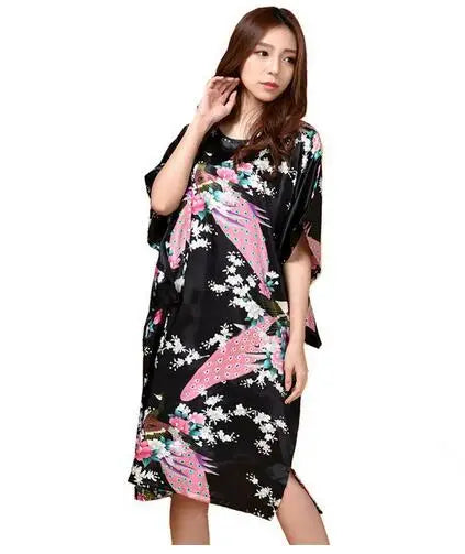 Novelty Print Black Female Satin Robe Dress Nightgown Novelty Women's Kaftan Bath Gown Summer Lounge Homewear Plus Size 6XL