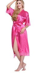 Summer Lace Patchwork Satin Kimono Robe Sexy Sleepwear Lingerie Chemises Women Silk Long Nightgown Wedding bridesmaid Robes