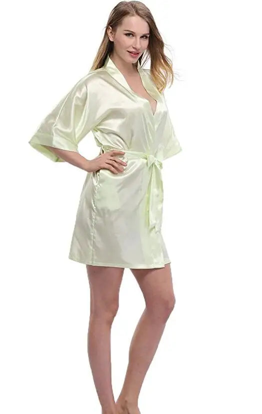 Sexy Silk Satin Night Kimono Robe Short Bathrobe Perfect Wedding Bridesmaid Bride Robes Solid Dressing Gown For Women