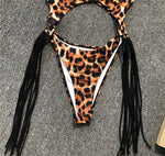 Splicing High Cut Out One Piece Swimsuit Women Tassel Swimwear Female Sexy Bathing Suit String Leopard Bikini 2025 Monokini Lady
