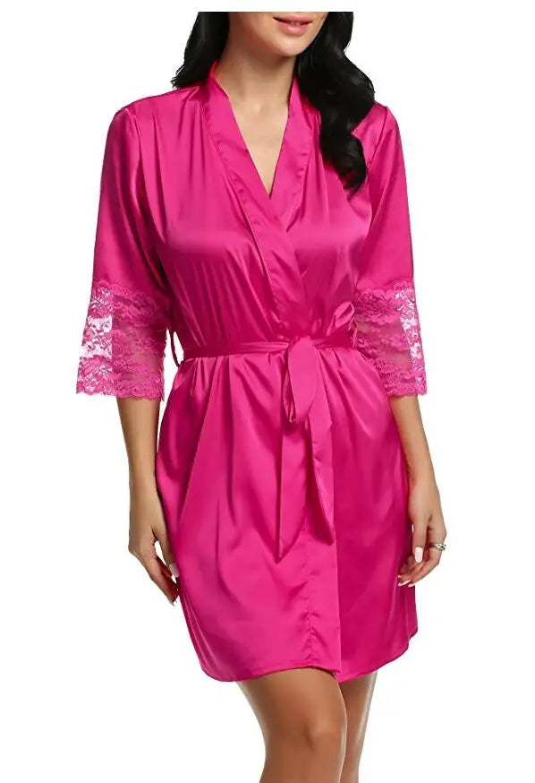 Mid-sleeve sexy women nightwear robes plus size M L XL XXL lace real silk female bathrobes LM93
