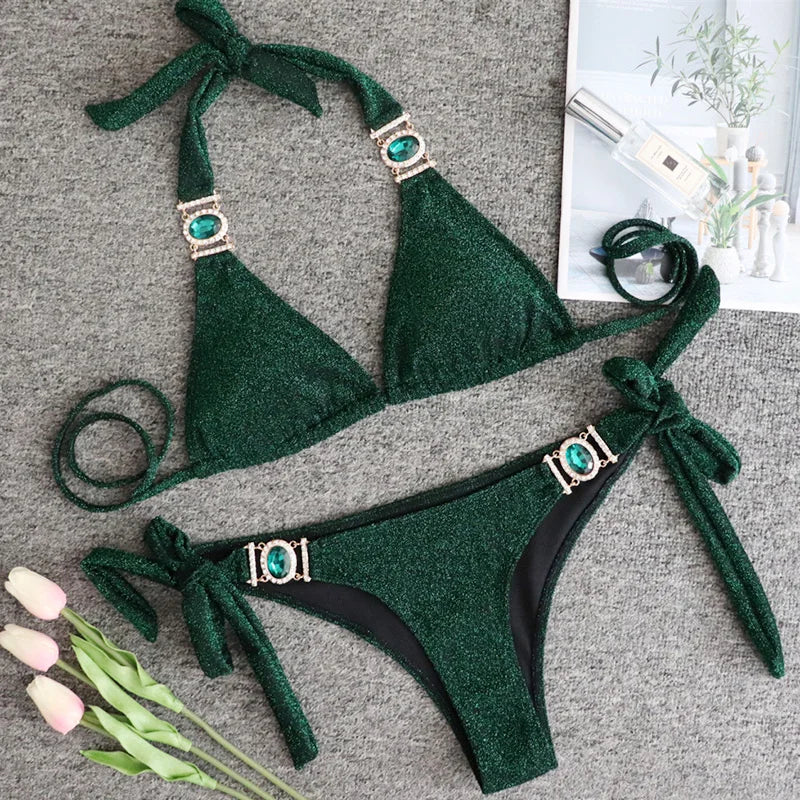 Halter Rhinestone Diamond Bikini Women Swimsuit Female Bikinis Metal Chain Swimwear Two Pieces Bikini Set Bathing Suit Swim Lady