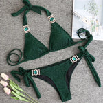 Halter Rhinestone Diamond Bikini Women Swimsuit Female Bikinis Metal Chain Swimwear Two Pieces Bikini Set Bathing Suit Swim Lady