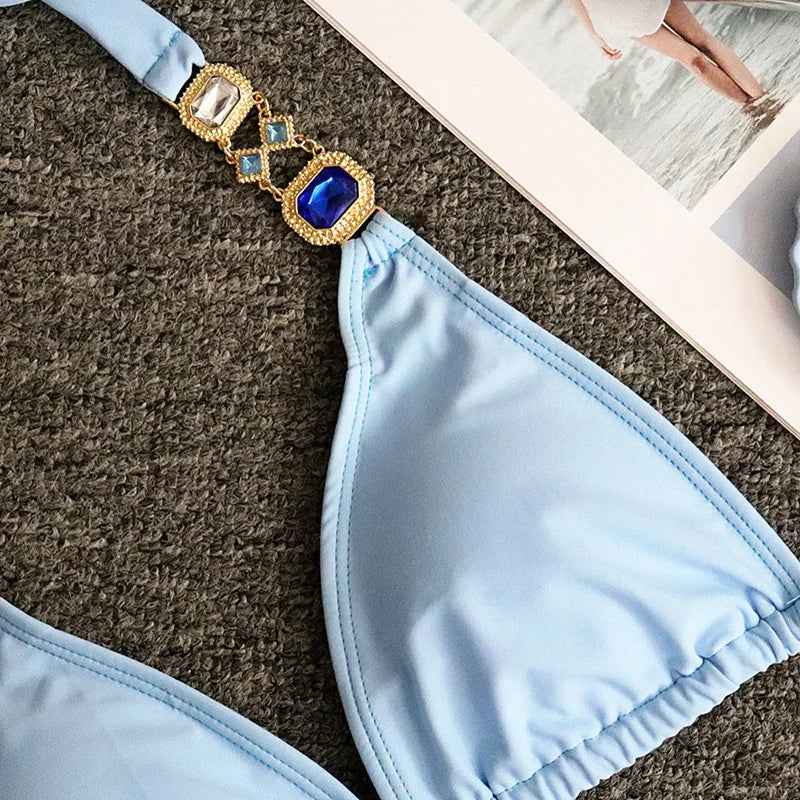 Halter Metal Chains Rhinestone Diamond Bikini Women Swimsuit Female Swimwear Two Pieces Bikini set Brazilian Bathing Suit Swim