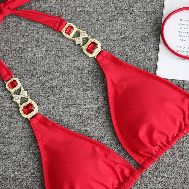 Halter Rhinestone Diamond Bikini Women Swimsuit Female Bikinis Metal Chain Swimwear Two Pieces Bikini Set Bathing Suit Swim Lady