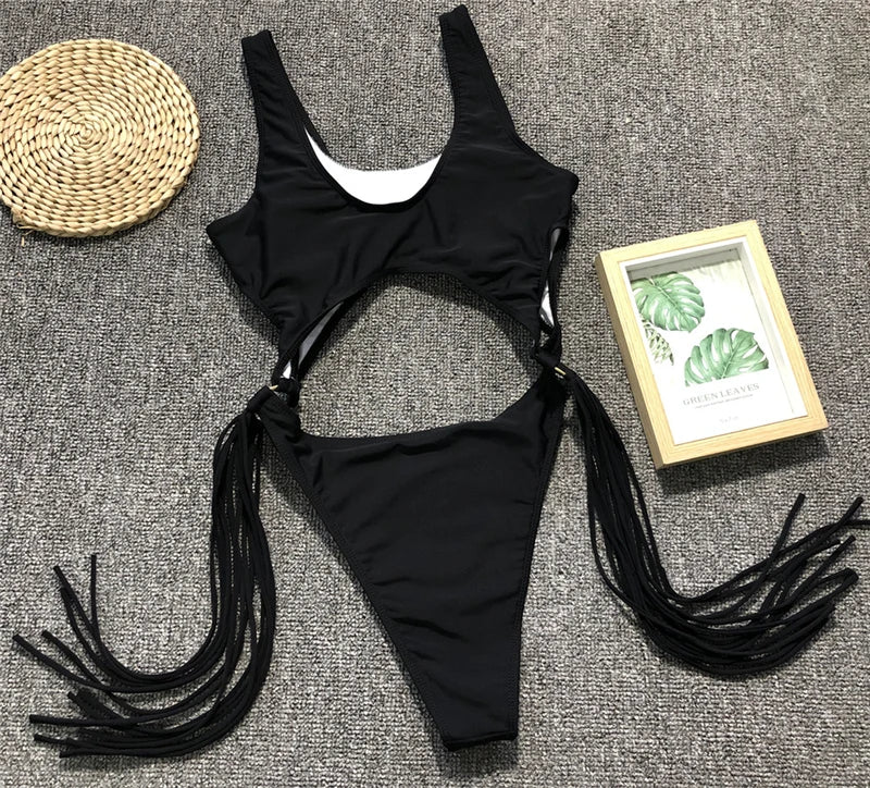 Sexy Splicing Tummy Cut Out Female Swimwear One Piece Swimsuit Women Tassel Monokini Bather String Bathing Suit Swim Bodysuit
