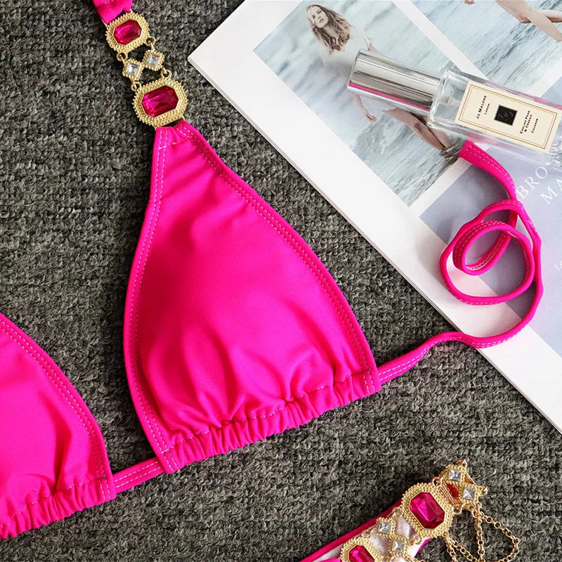 Halter Rhinestone Diamond Bikini Women Swimsuit Female Bikinis Metal Chain Swimwear Two Pieces Bikini Set Bathing Suit Swim Lady