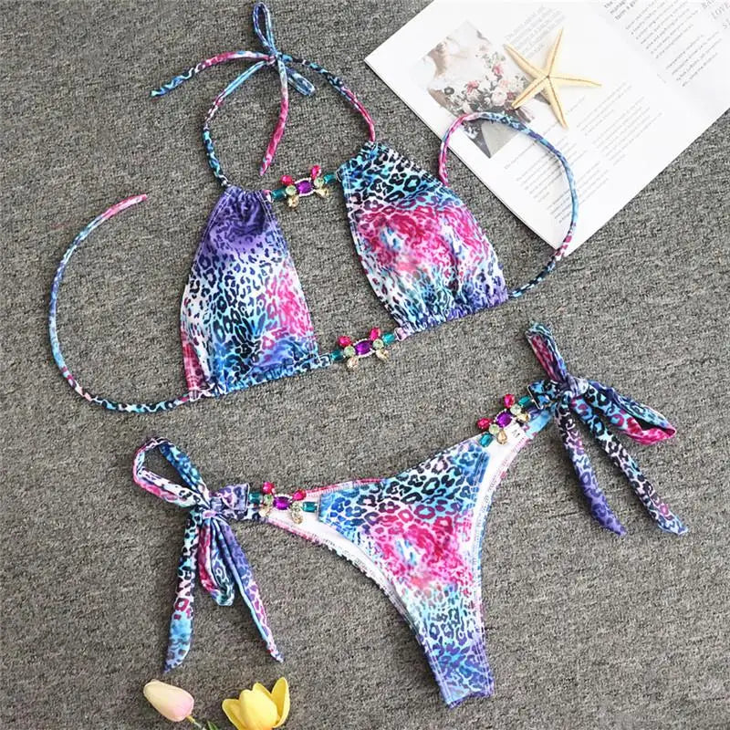 Splicing Jewelled Diamond Bikini Women Halter Swimsuit female Thong Swimwear Two Pieces Bikini Set Hollow out Bathing Suit Swim