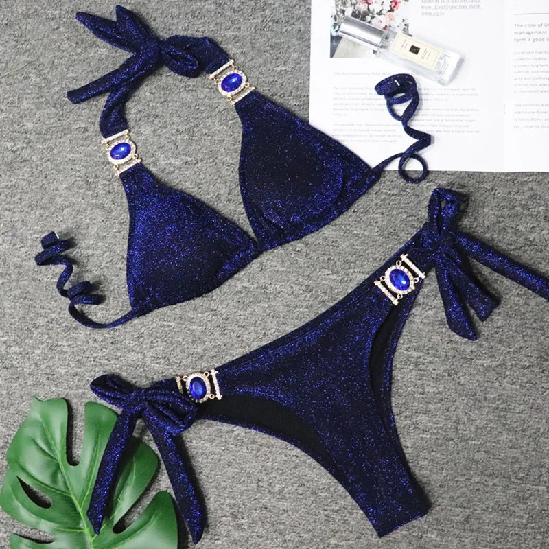 Halter Rhinestone Diamond Bikini Women Swimsuit Female Bikinis Metal Chain Swimwear Two Pieces Bikini Set Bathing Suit Swim Lady