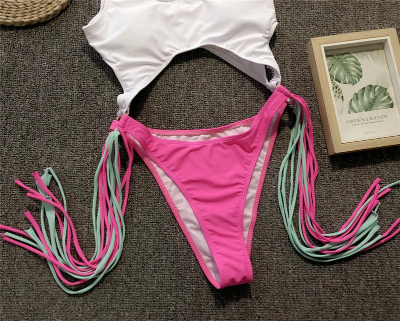Splicing High Cut Out One Piece Swimsuit Women Tassel Swimwear Female Sexy Bathing Suit String Leopard Bikini 2025 Monokini Lady