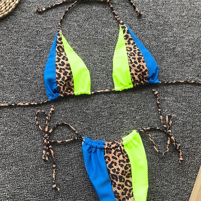 Zebra Print Halter micro Bikini 2025 women Bandeau String Swimsuit Female swimwear Neon Shiny bikini set Leopard Bathing Suit