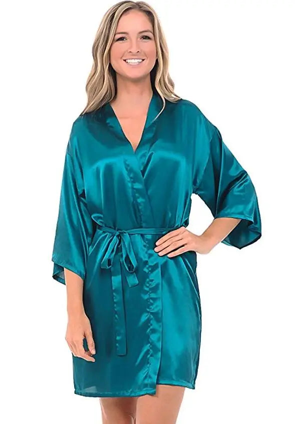 Sexy Silk Satin Night Kimono Robe Short Bathrobe Perfect Wedding Bridesmaid Bride Robes Solid Dressing Gown For Women