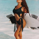 Splicing High Cut Out One Piece Swimsuit Women Tassel Swimwear Female Sexy Bathing Suit String Leopard Bikini 2025 Monokini Lady