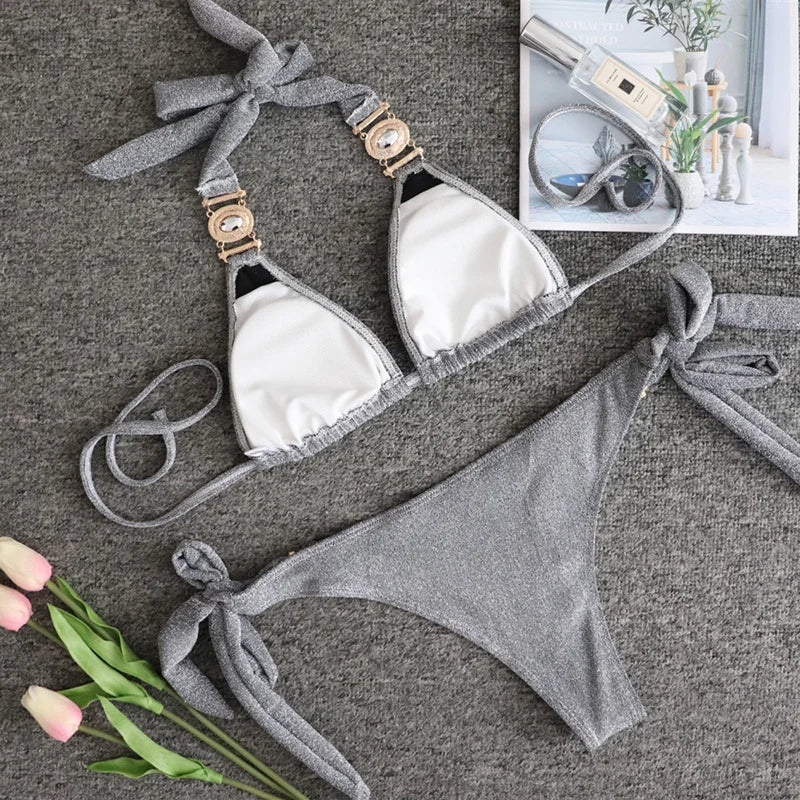 Halter Rhinestone Diamond Bikini Women Swimsuit Female Bikinis Metal Chain Swimwear Two Pieces Bikini Set Bathing Suit Swim Lady