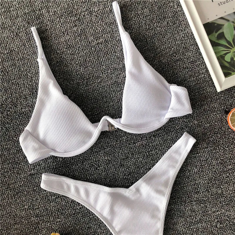 High Cut V-bar Underwired Bikini Women Swimsuit Female Micro Thong Swimwear Two-pieces Bikini Set Push Up Bathing Suit Swim Lady