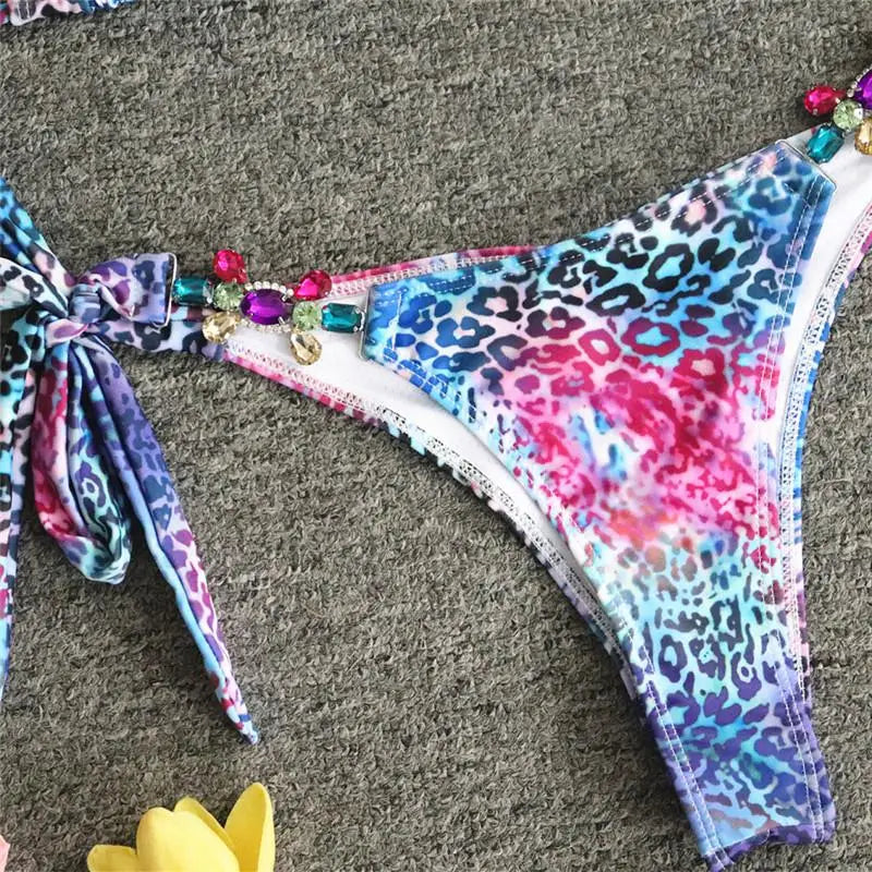 Leopard Diamond Bikini 2026 Women Hollow out Swimsuit Female Swimwear Two Pieces Bikini Set Halter Bather Bathing Suit Swim Lady