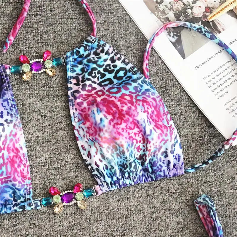 Splicing Jewelled Diamond Bikini Women Halter Swimsuit female Thong Swimwear Two Pieces Bikini Set Hollow out Bathing Suit Swim