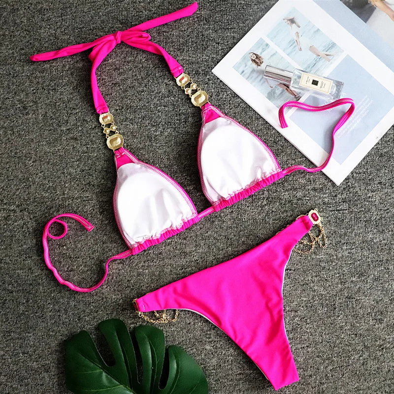 Halter Rhinestone Diamond Bikini Women Swimsuit Female Bikinis Metal Chain Swimwear Two Pieces Bikini Set Bathing Suit Swim Lady