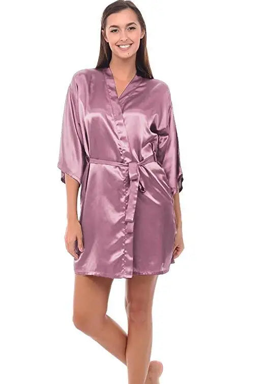 Sexy Silk Satin Night Kimono Robe Short Bathrobe Perfect Wedding Bridesmaid Bride Robes Solid Dressing Gown For Women