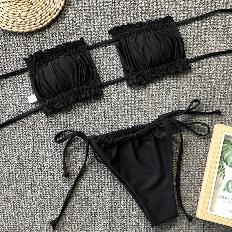 Tie Dye Pleated Ruffled Bikinis Bandeau Bikini Women Swimsuit Female Swimwear Two-pieces Bikini Set Hollow Out Bathing Suit Swim