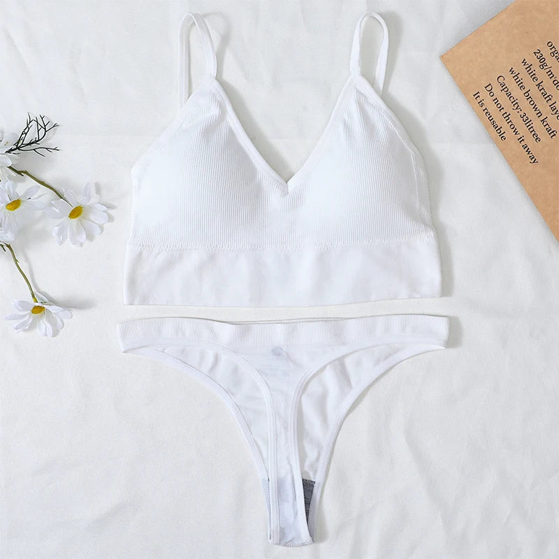 Women Bra And Panties Set U Back Bra Seamless Underwear Sport Cropped Top Low Waist Thongs Sexy Lingerie Set Fitness Crop Top