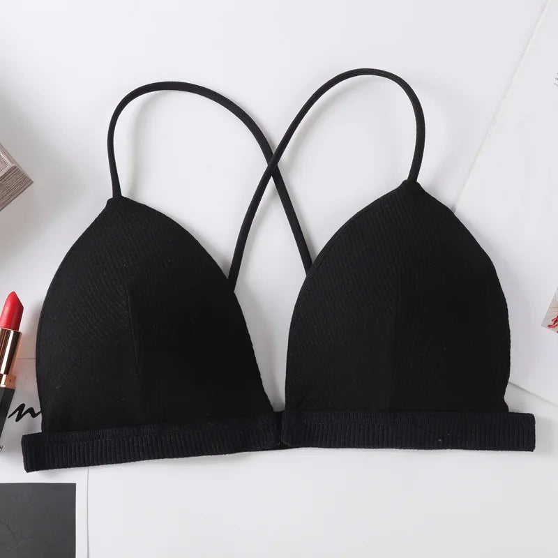 Front Closure Bra Deep V Bras For Women Thin Cross Straps Wire Free Brassiere Pdded Bralette Women's Underwear Sexy Lingerie