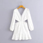 Foridol Waist Hollow Out V Neck Backless White Lace Party Dress Christmas Vestido Robe Ruffled Cotton Long Sleeve Autumn Dress