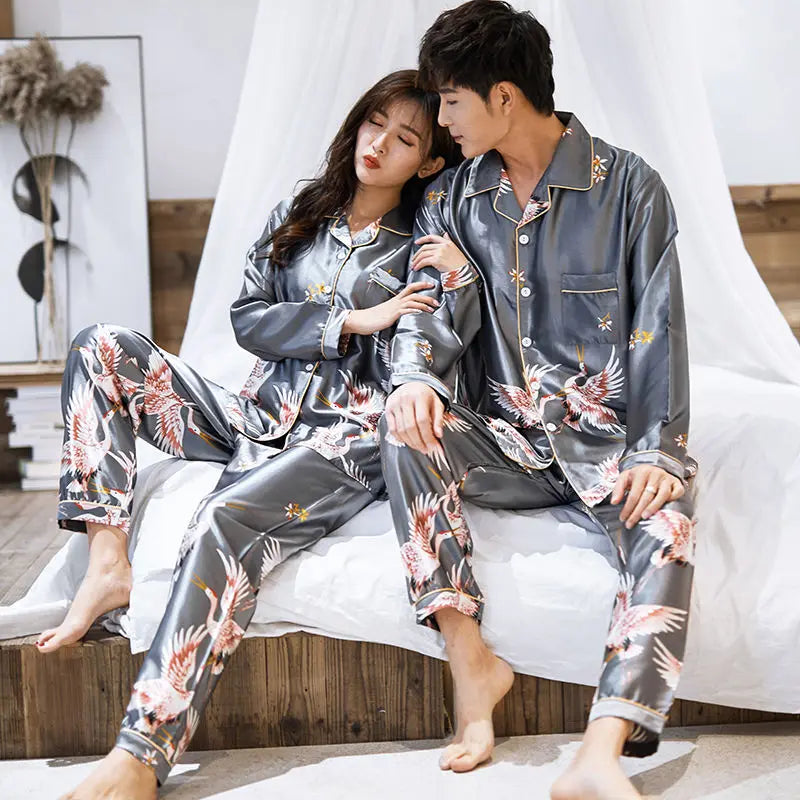 Lovers Print Dot Pajamas Set Couples Satin Pijamas Sleepwear Men&Women Causal Pyjamas Nightwear Plus Size 3XL 4XL Home Longewear