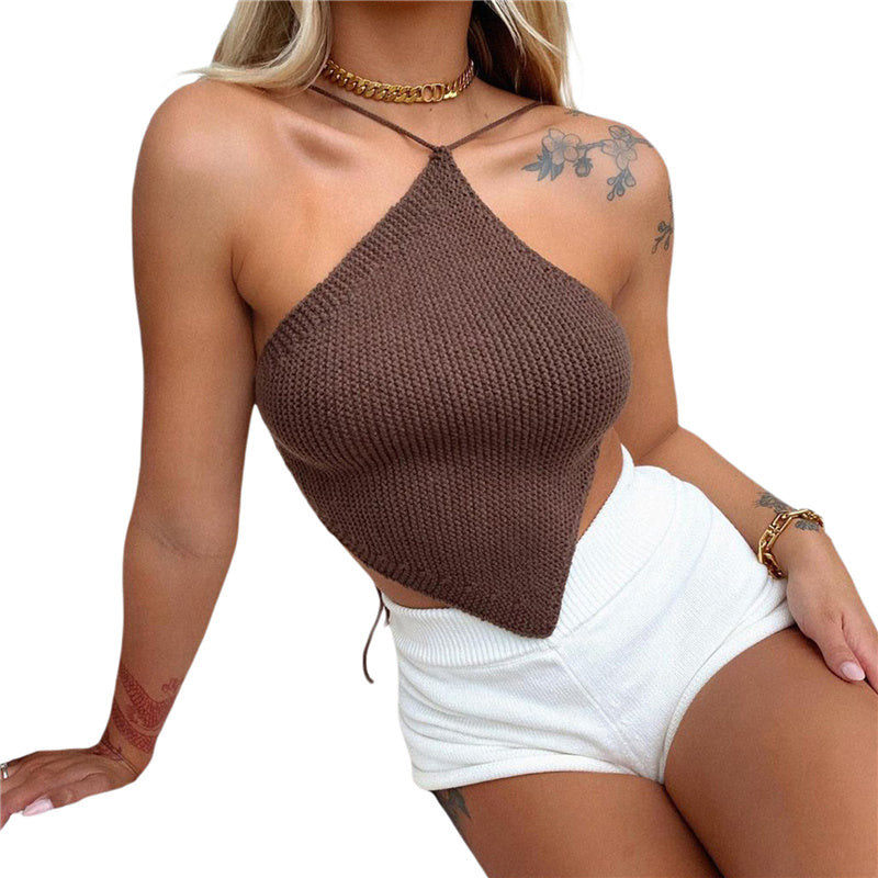 Summer Ladies Sexy Backless Chest Wrap Women Solid Color Hanging Neck Lace-Up Sleeveless Knitted Camisole Irregular Hem Top
